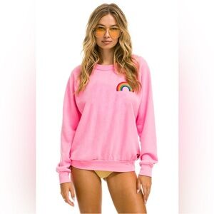 Aviator Nation Rainbow Embroidery Crew Neck Sweatshirt Neon Pink Size Large NEW